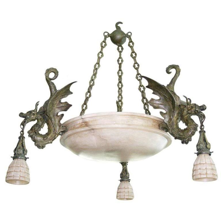 Bronze Gothic Revival Dragon Chandelier with Alabaster Shades at 1stDibs
