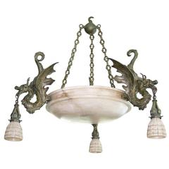 Bronze Gothic Revival Dragon Chandelier with Alabaster Shades