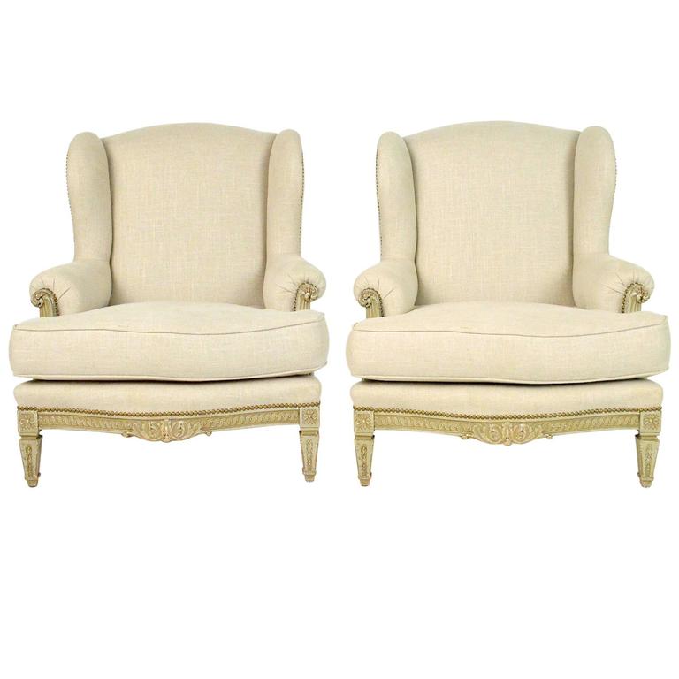 Pair of French Louis XVI Style Wing Back Bergeres For Sale