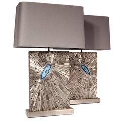 Pair of Table Lamps by Stan Usel in Mosaic Stainless Steel and Agate