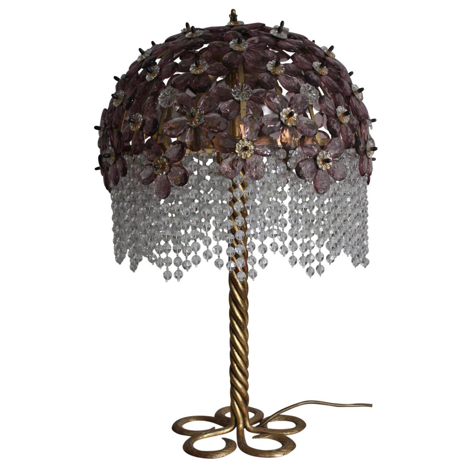 Large Amethyst Table Lamp, Gilt Iron and Glass, Italy, circa 1970s For Sale 1