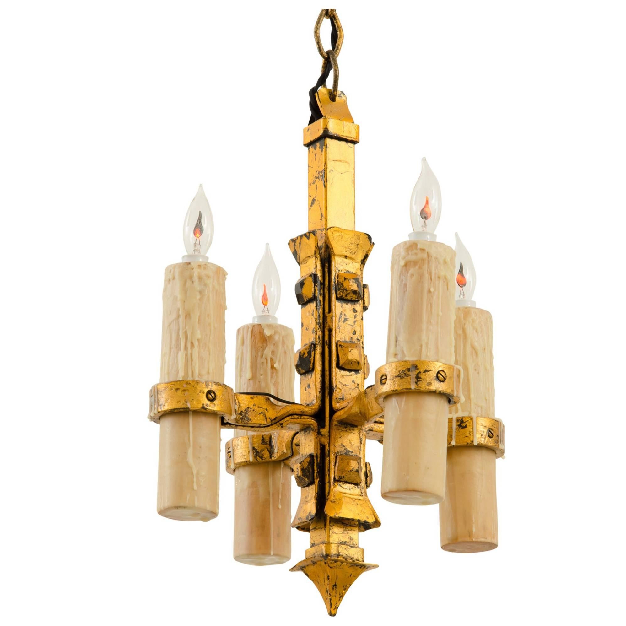 Rustic Gold-Leafed Candle Chandelier, circa 1905 For Sale