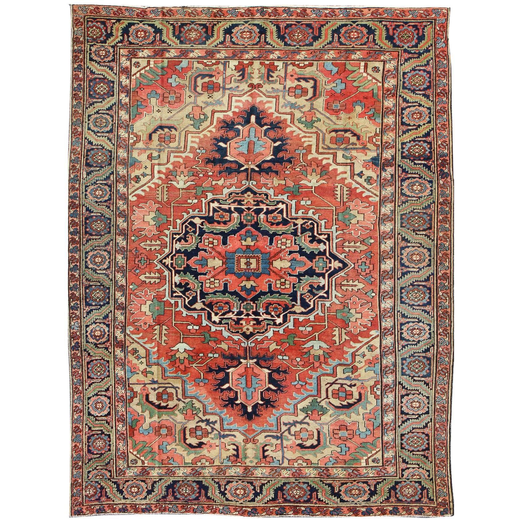 Antique Heriz-Serapi Rug with Multicolored Design in Yellow, Rust and Blue