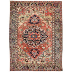 Antique Heriz-Serapi Rug with Multicolored Design in Yellow, Rust and Blue