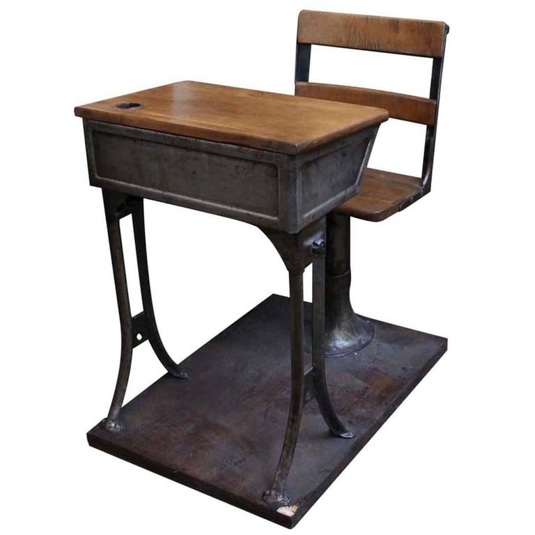 1930s Children's Adjustable School Desk in Wood and Cast Iron with Base