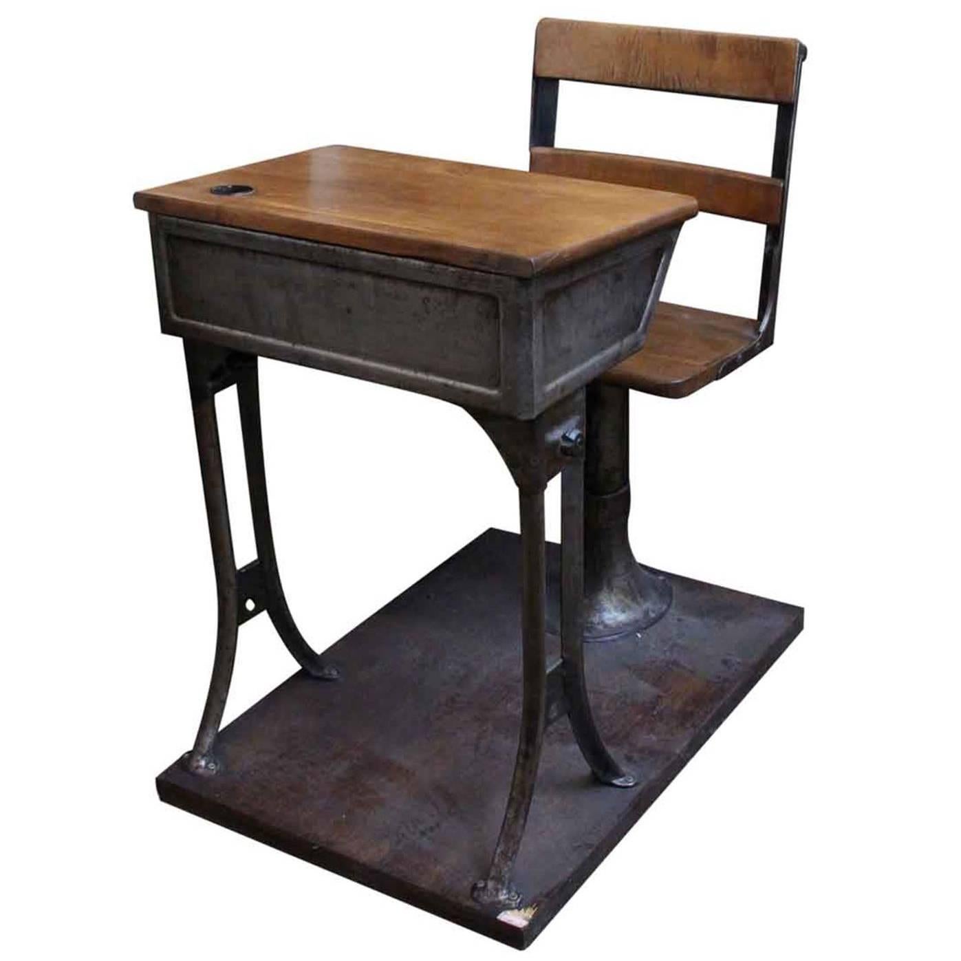 1930s Children's Adjustable School Desk in Wood and Cast Iron with Base