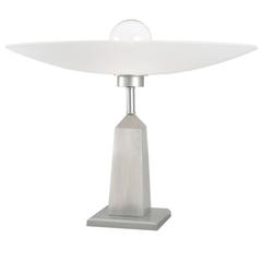 Art Deco Style Obelisk Table Lamp in Cast Satin Aluminum and White Glass
