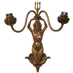 Unique Single Mermaid Shaped Solid Patinated Bronze Sconce, France, 1950s