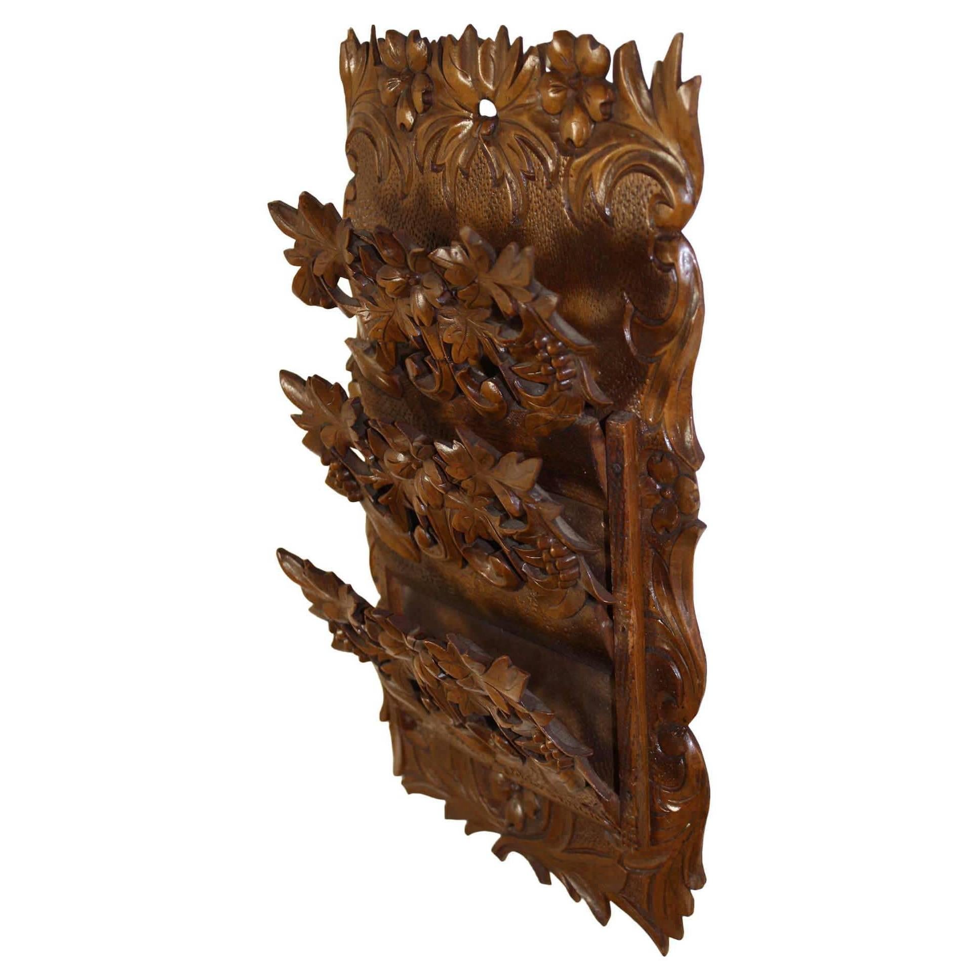 Carved Walnut Hanging Wall Pocket or Letter Holder