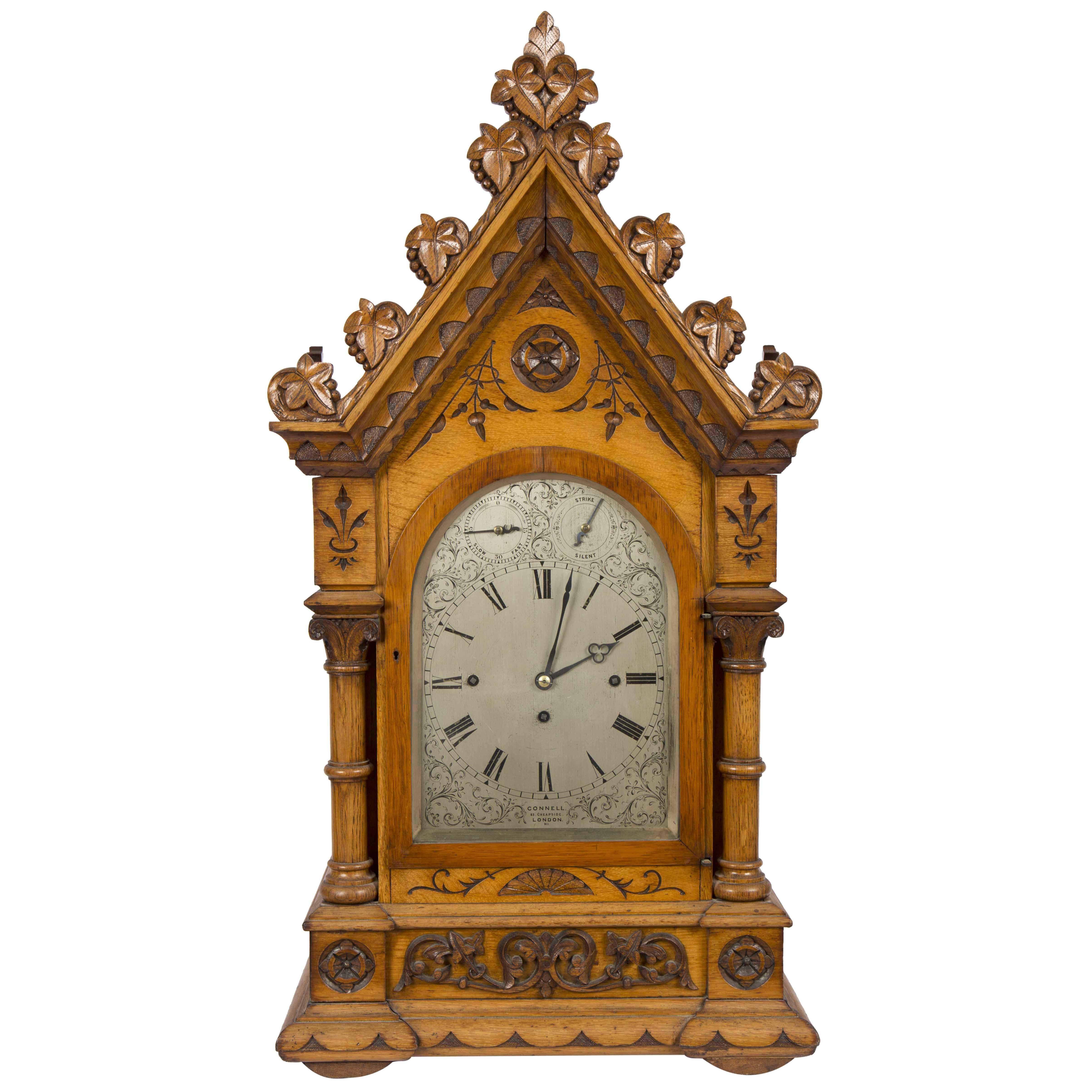 Mid-19th Century Carved Oak Triple Fusee Movement Bracket Clock by Connel