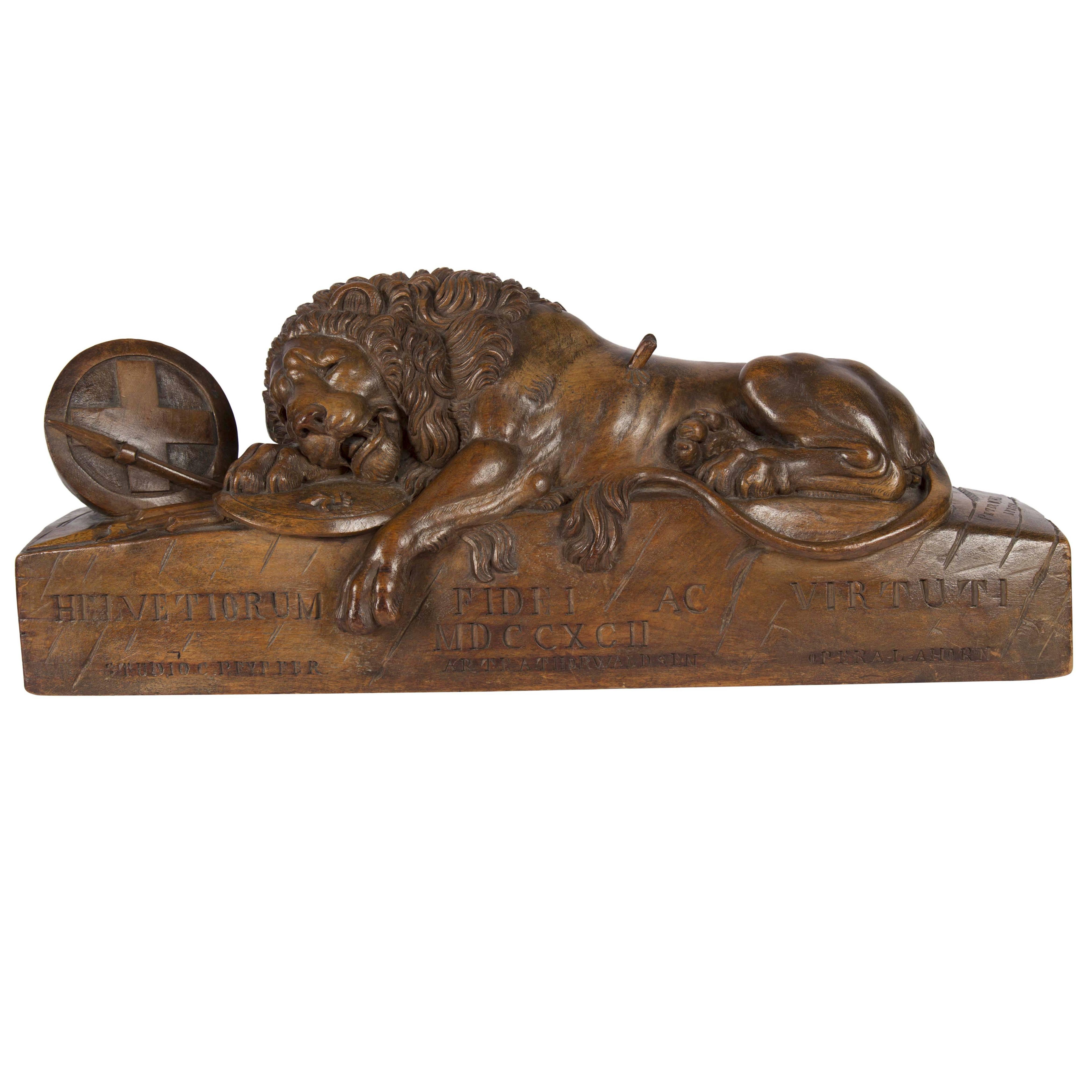 Swiss Black Forest Lion of Lucerne Walnut Carving