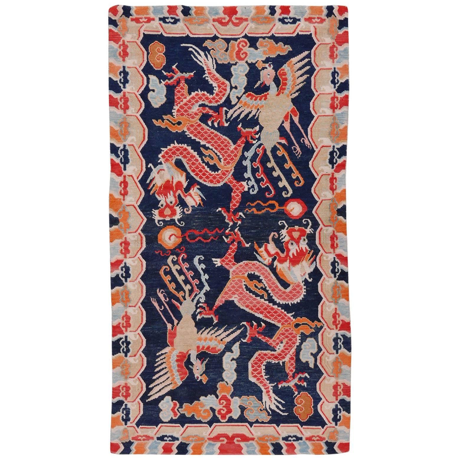 Antique Tibetan Dragon Phoenix Khaden Throw Rug in Excellent Condition For Sale