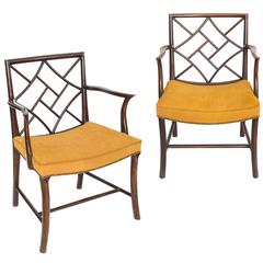 Antique Close Pair of Georgian Mahogany Chinese Lattice Cockpen Armchairs