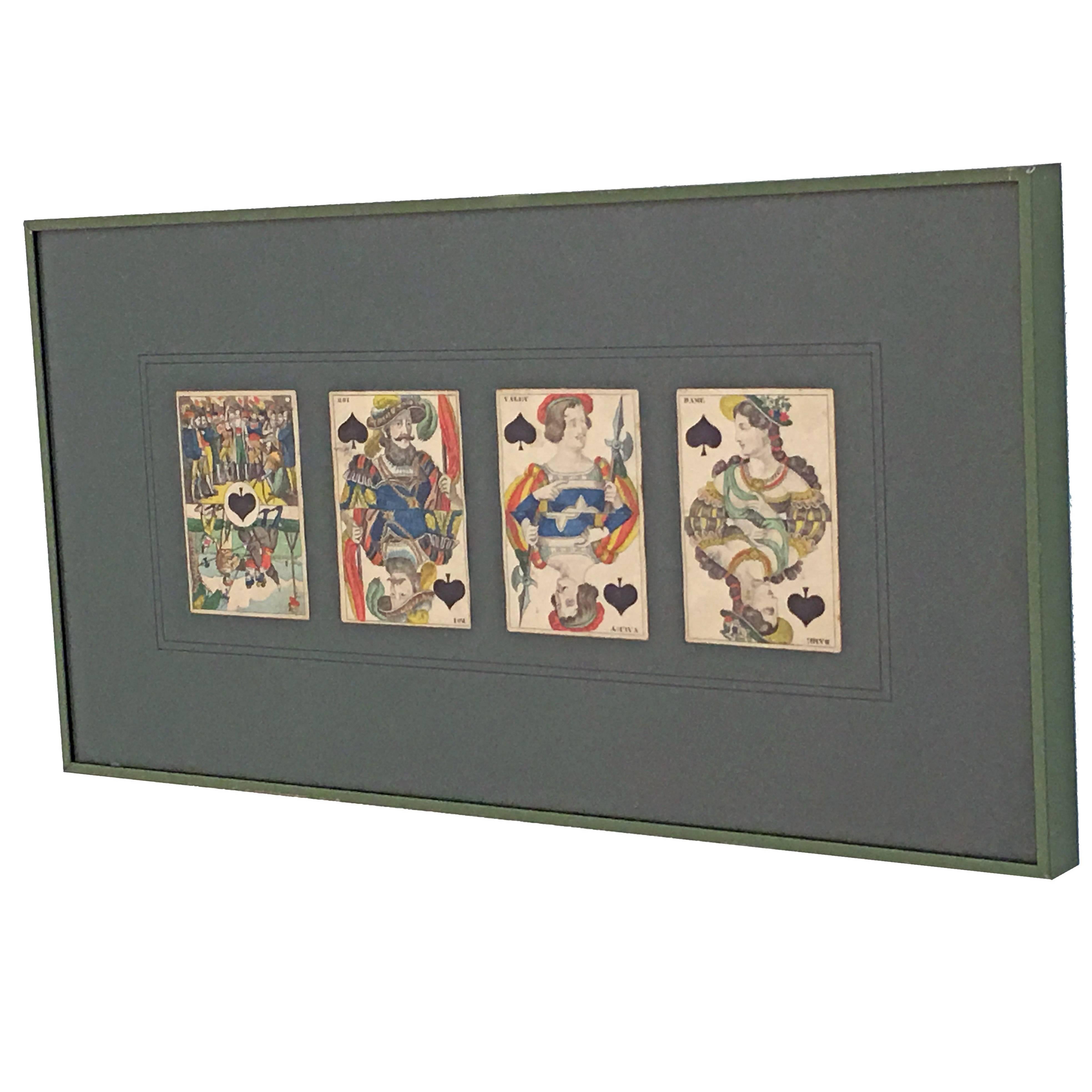 Custom mounted and framed Austrian playing cards. Each engraved card then hand-painted. Collection of 62 cards total mounted and framed in 13 frames. There are five frame sizes as follows:
Measures: Four frames height 18.75