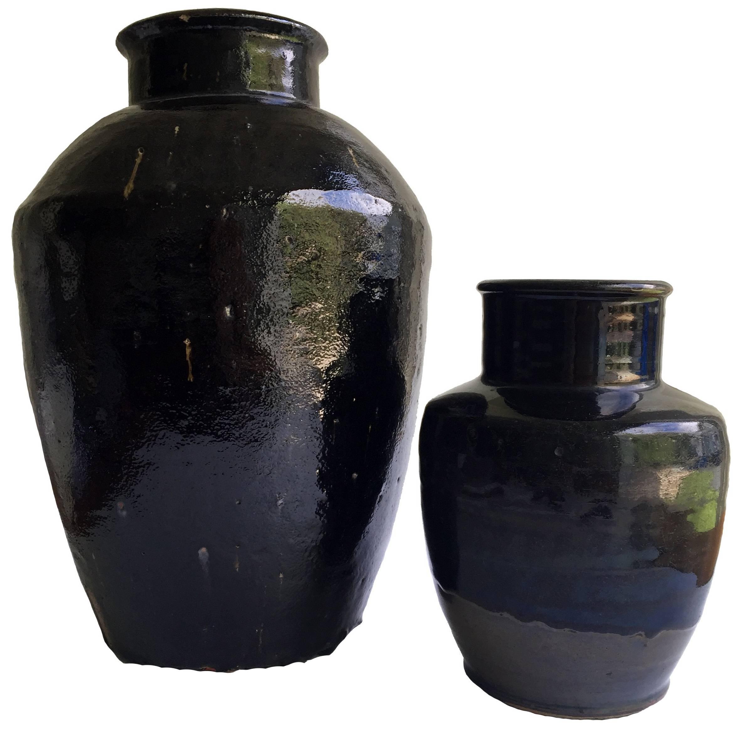Set of Two Antique Black Pottery Jars For Sale