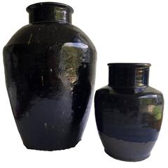 Set of Two Antique Black Pottery Jars