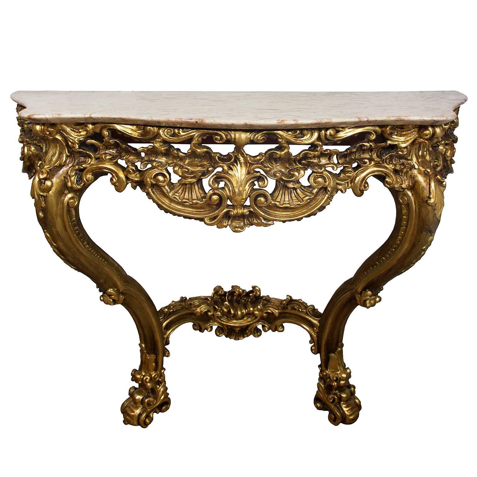 19th Century Italian Louis XV Style Console Table with Marble Top For Sale