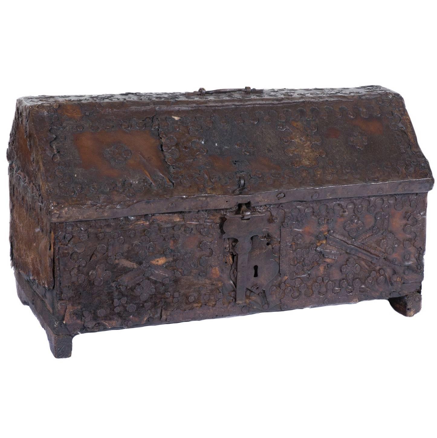 16th Century Spanish Leather and Wood Box with Ironwork For Sale