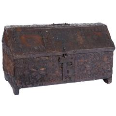16th Century Spanish Leather and Wood Box with Ironwork
