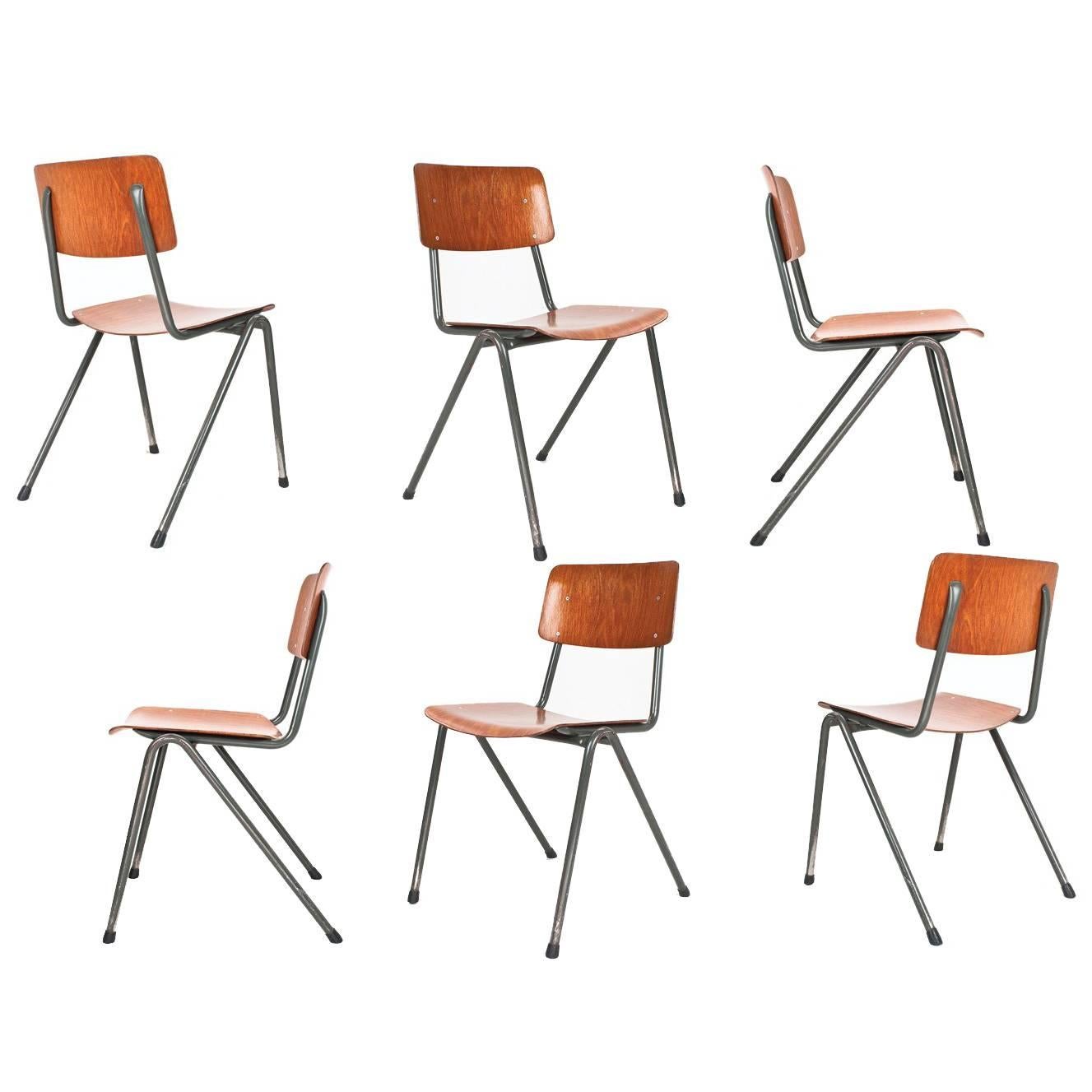 Dutch Industrial School Chairs 1970, Laminated Wood and Grey Metal Frame