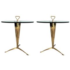 Pair of Gilded Bronze and Glass Tripod Side Tables, circa 1970
