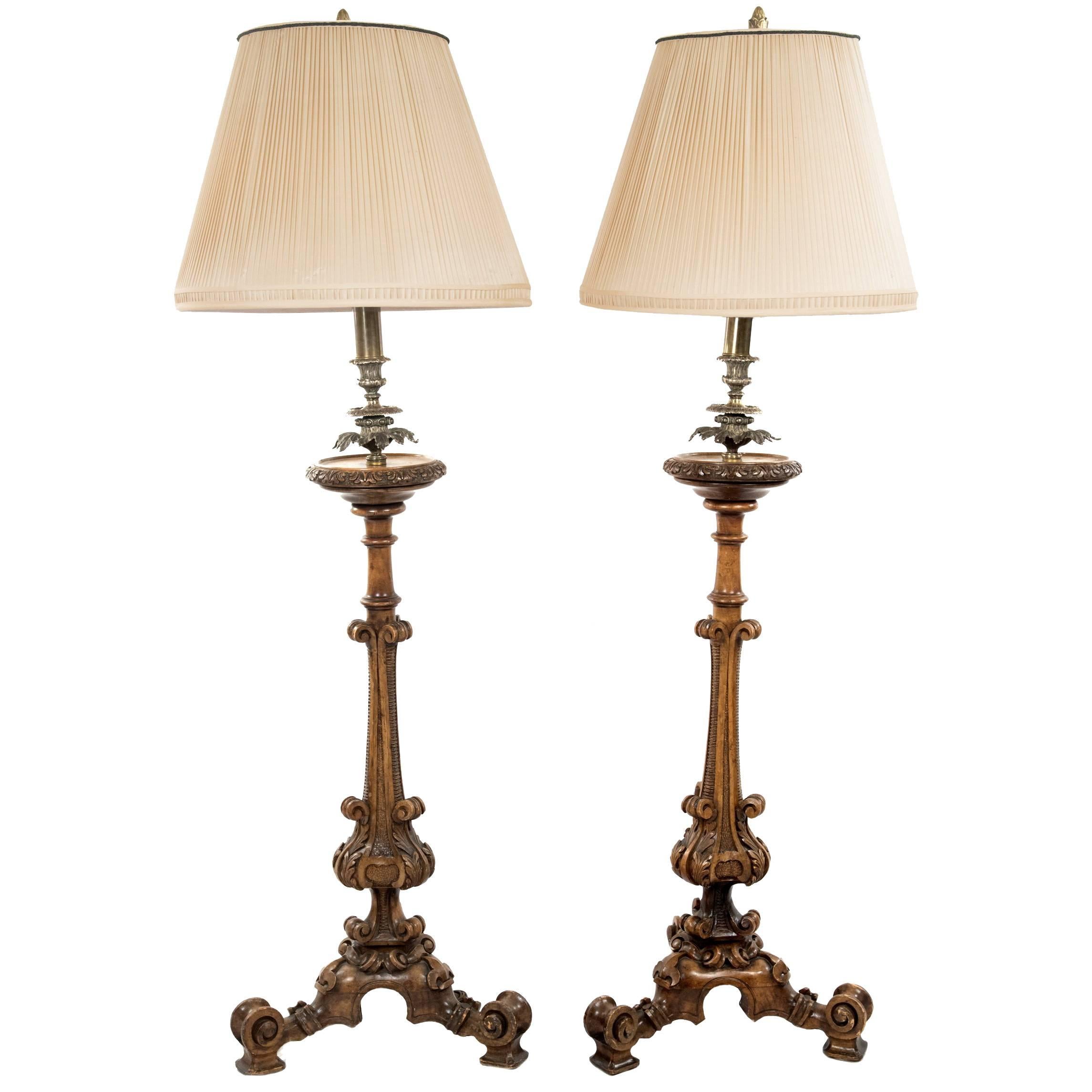 Pair of Carved Wood and Brass Table Lamps For Sale