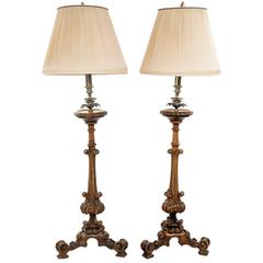 Pair of Carved Wood and Brass Table Lamps