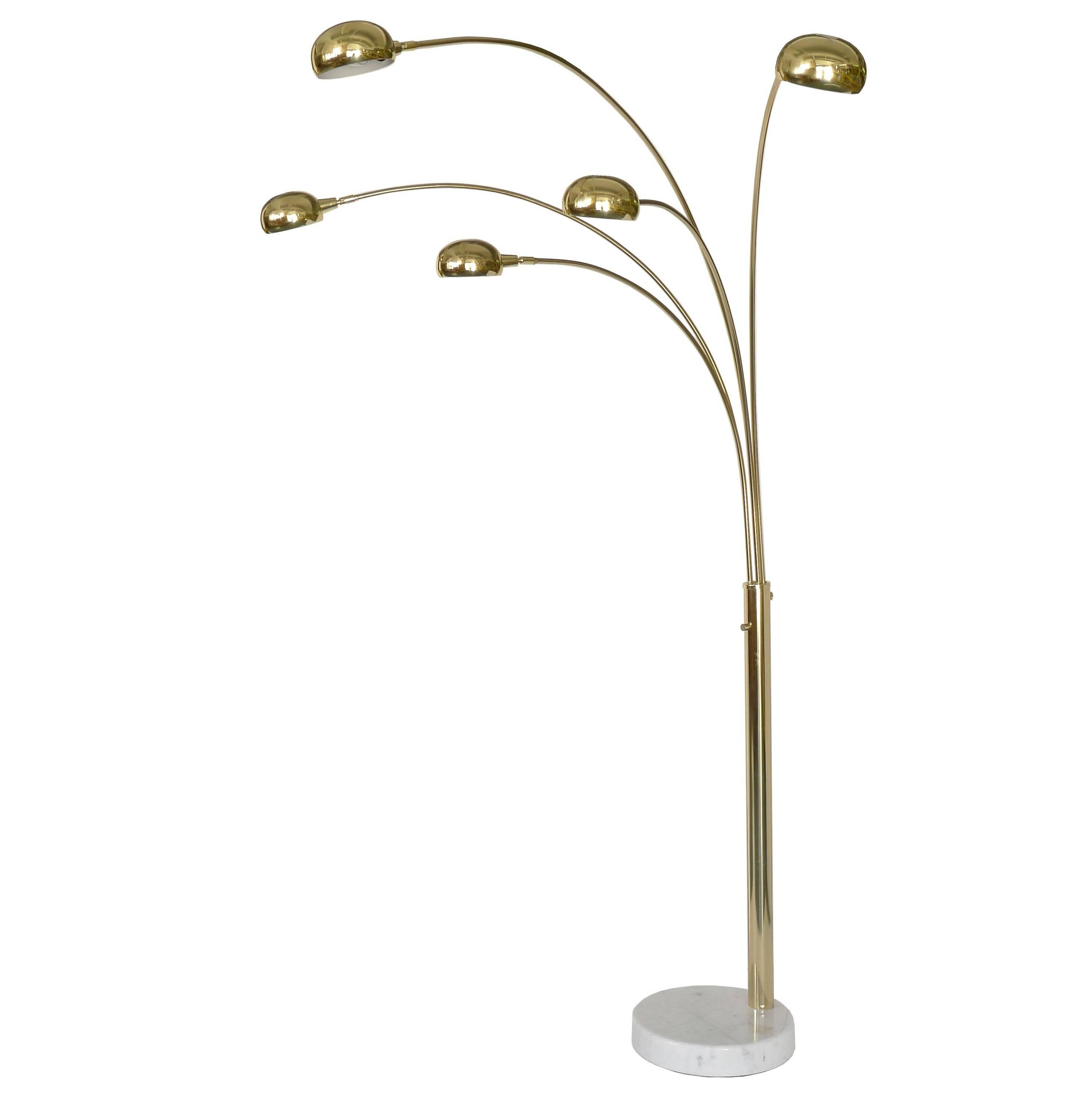 Five-Arm Mid-Century Modern Floor Lamp in Brass with White Marble Base For Sale