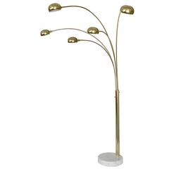 Five-Arm Mid-Century Modern Floor Lamp in Brass with White Marble Base