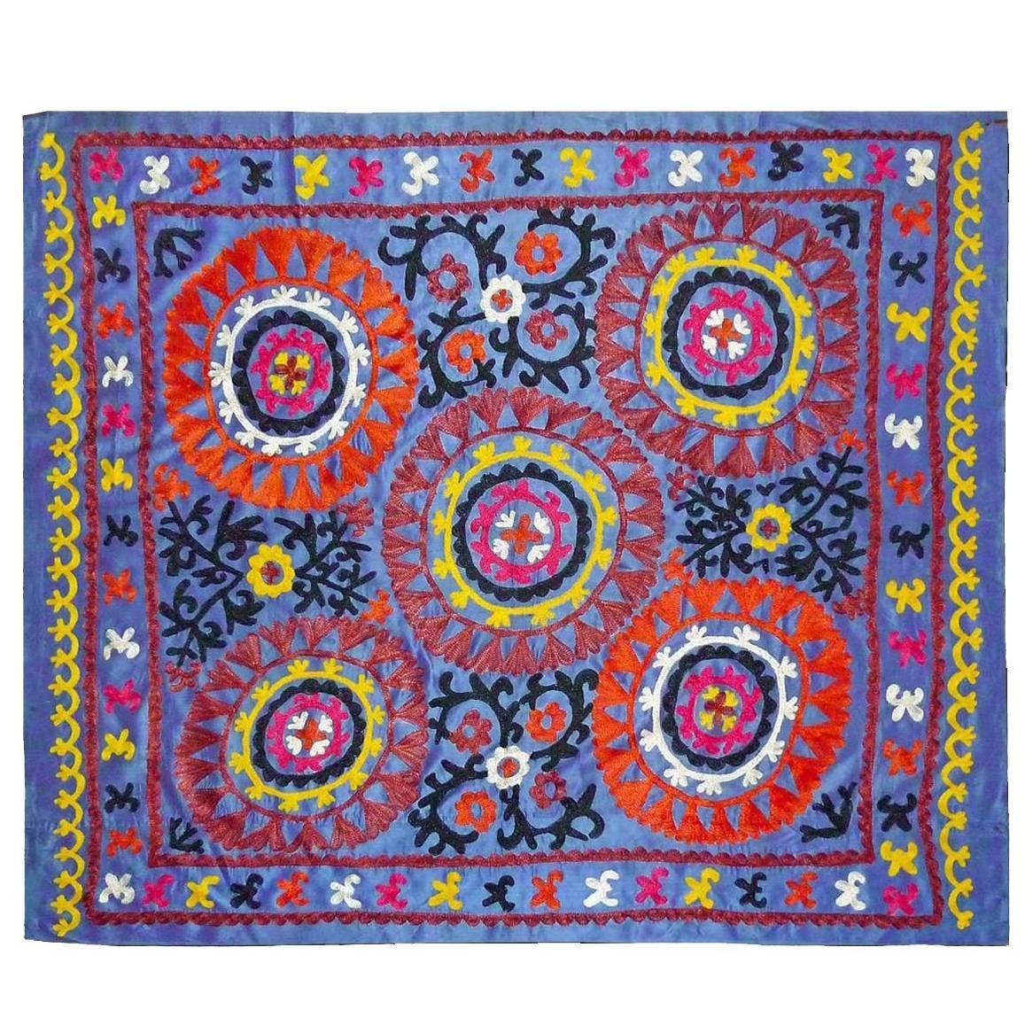 Uzbek Large Embroidered Blue Suzani Textile