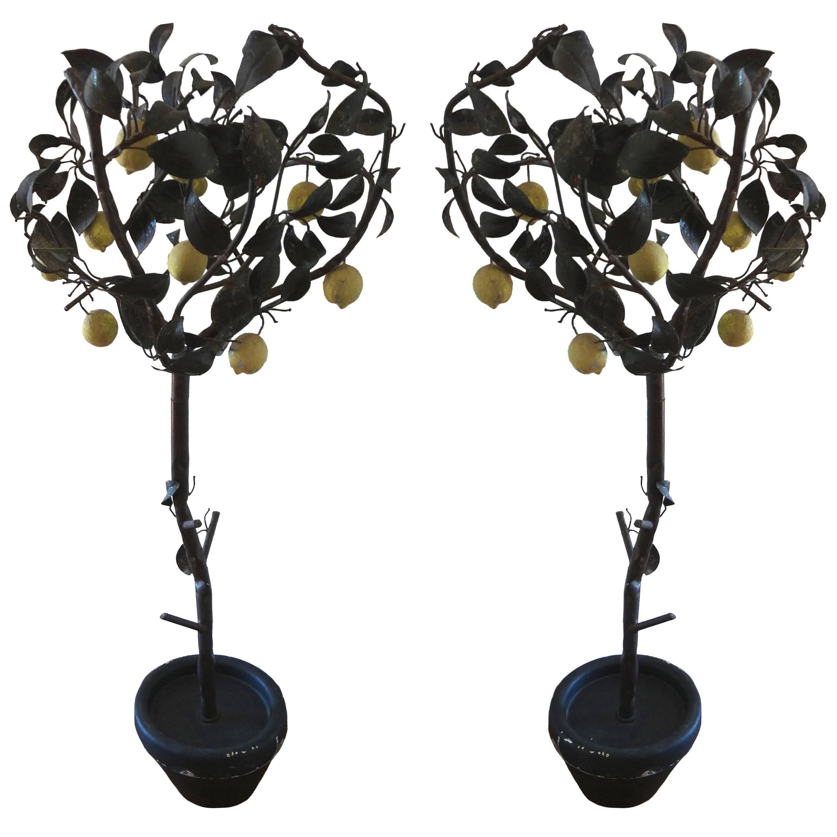 Pair of 1940s Italian Painted Tole Lemon Trees