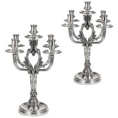 19th Antique French Silvered Bronze Five-Light Pair of Candelabra