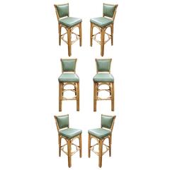 Restored Rattan Bar Stool Pair with Vinyl Seat Backs, Set of Six 12