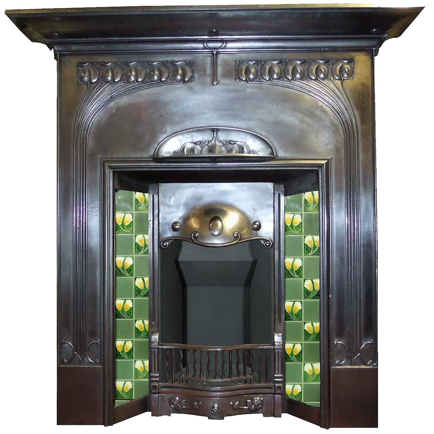 Late 19th Century Victorian Art Nouveau Semi Polished Fireplace with Tiles For Sale