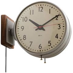 Retro Double-Sided Simplex Clock in Silver with Walnut Backplate, circa 1960s