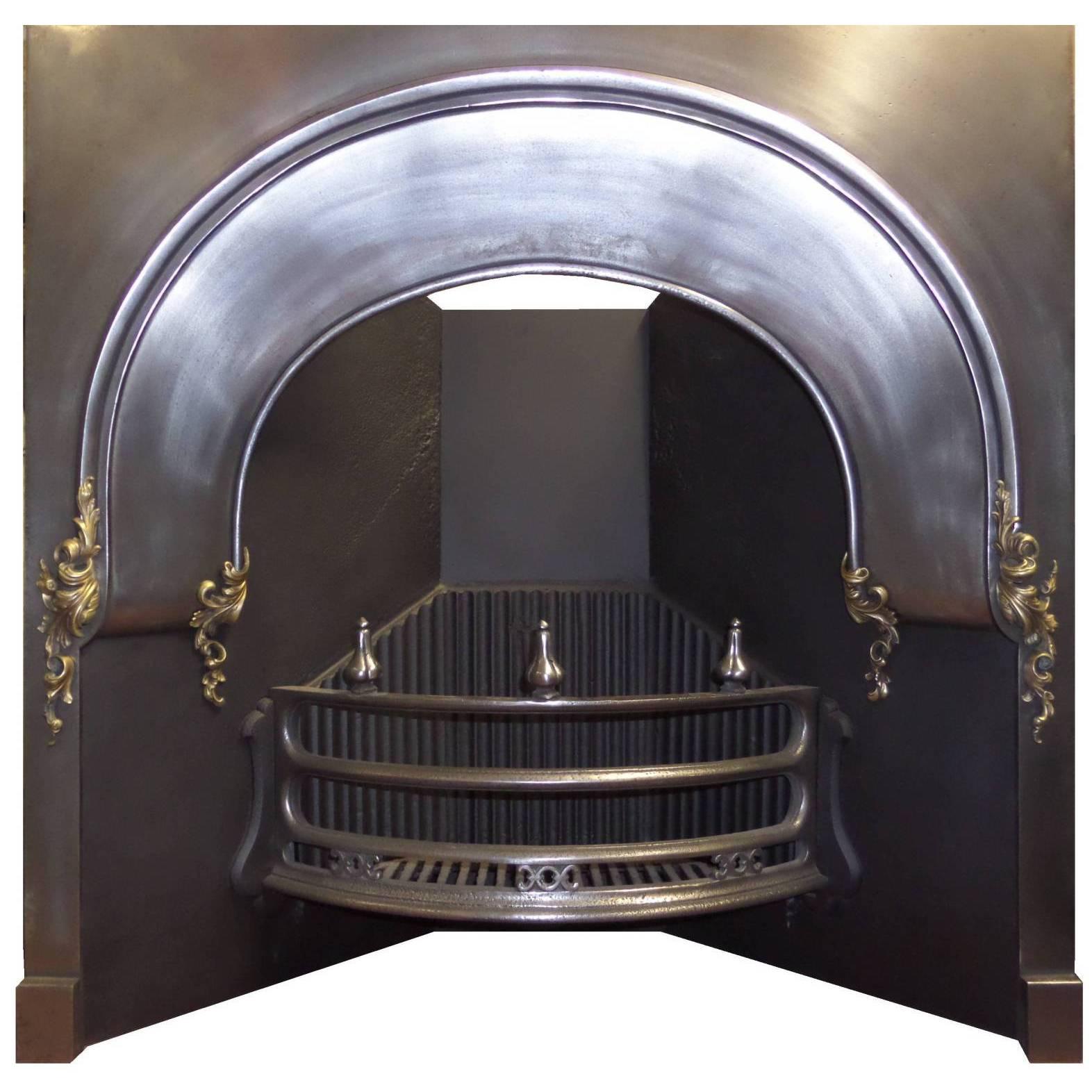 19th Century Victorian Burnished and Brass Cast Iron Arched Fireplace Insert For Sale