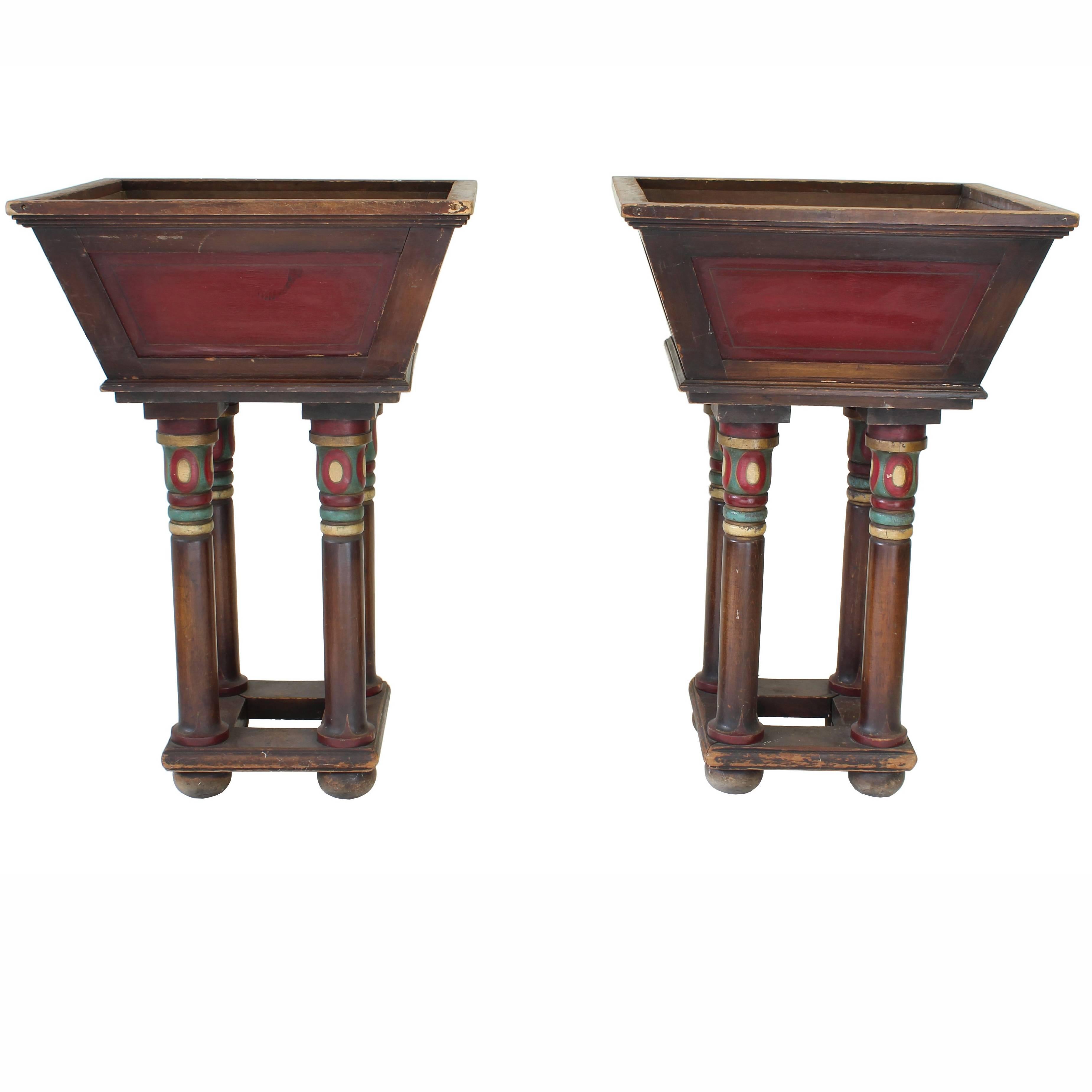 Pair of Hand-Painted Wood Pedestal Planters with Red Inset Panel For Sale