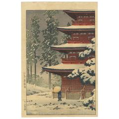 Beautiful Snow Scene with Temple, Japanese Ukiyo-E Woodblock Print