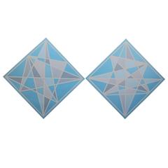Pair of Hard Edge Geometric Abstract Paintings in Blue Grey and White
