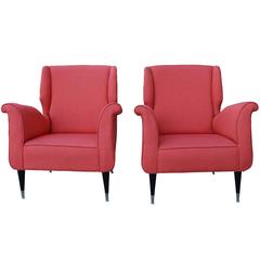 Pair Mid-Century Modern Salmon Orange-Pink Italian Armchairs