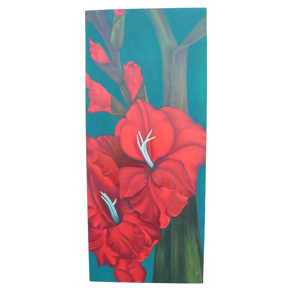 Modern Tropical Floral Painting of a Gladiola in Green and Orange