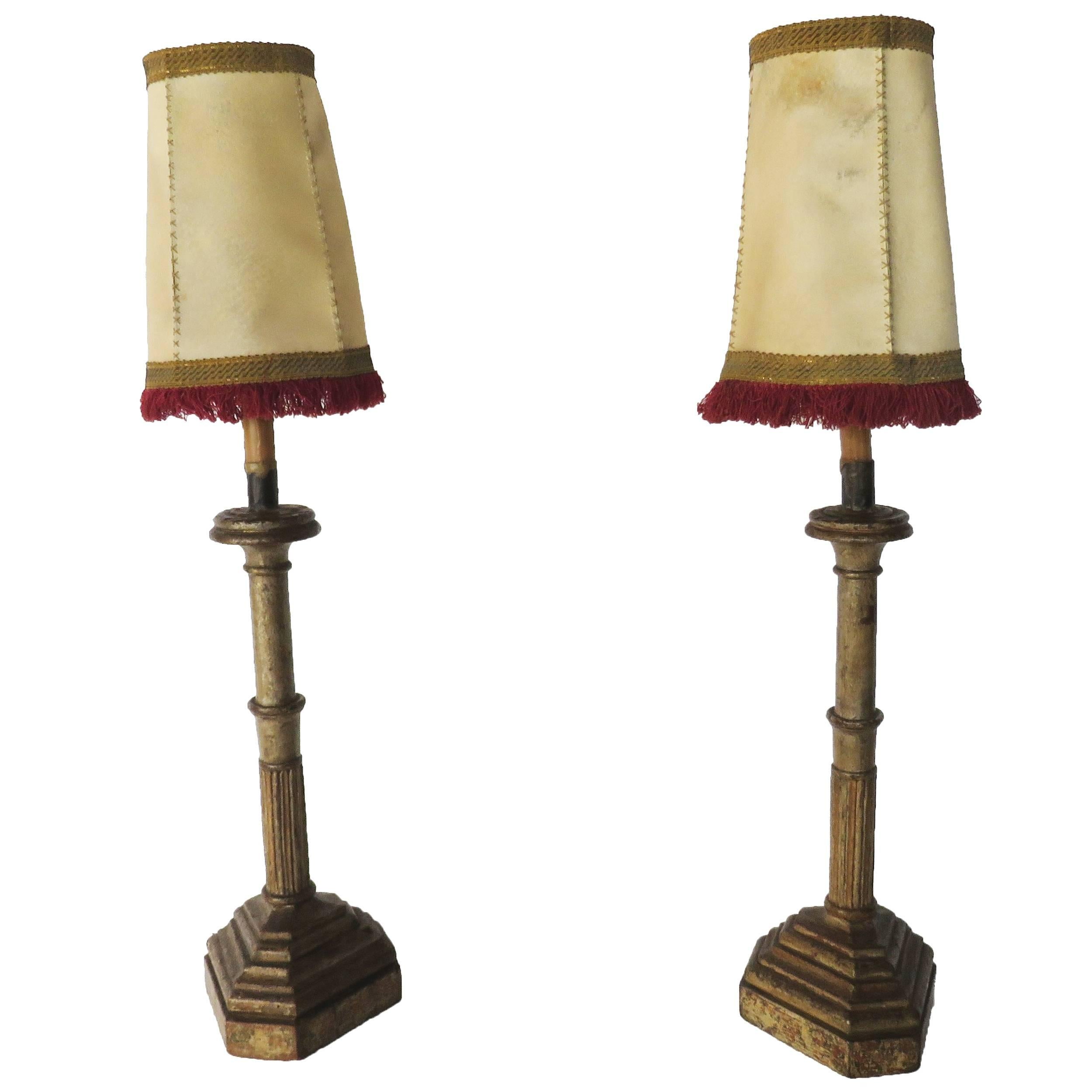 18th Century Pair of Polychrome Candlesticks Table Lamps with Pigskin Shades For Sale