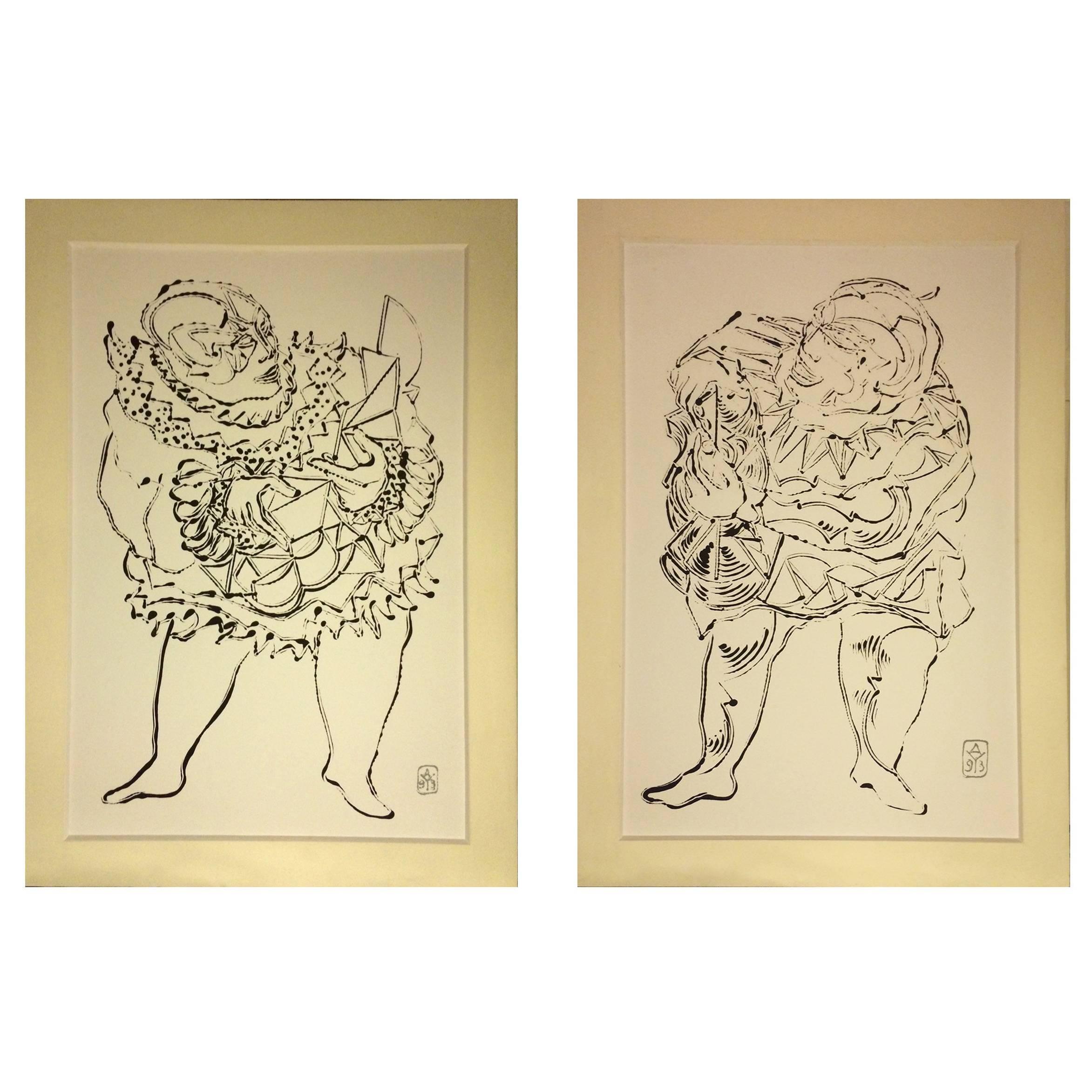 Two Large paintings, Ink on heavy Cardboard, 1993 For Sale