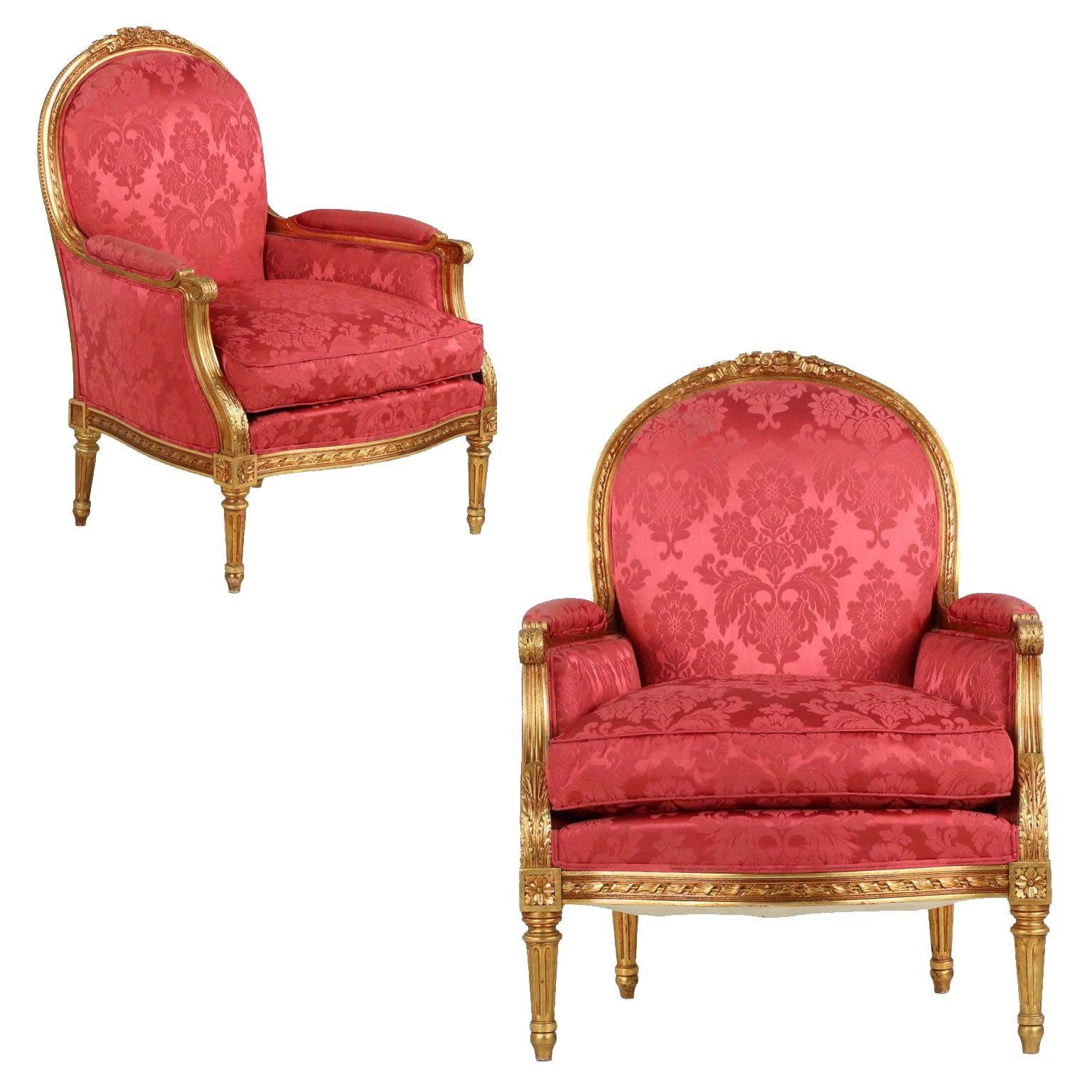 French Louis XVI Style Carved Giltwood Antique Armchairs Bergère
