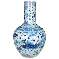 Monumental Chinese Fish and Flora Blue and White Gooseneck Vase 8