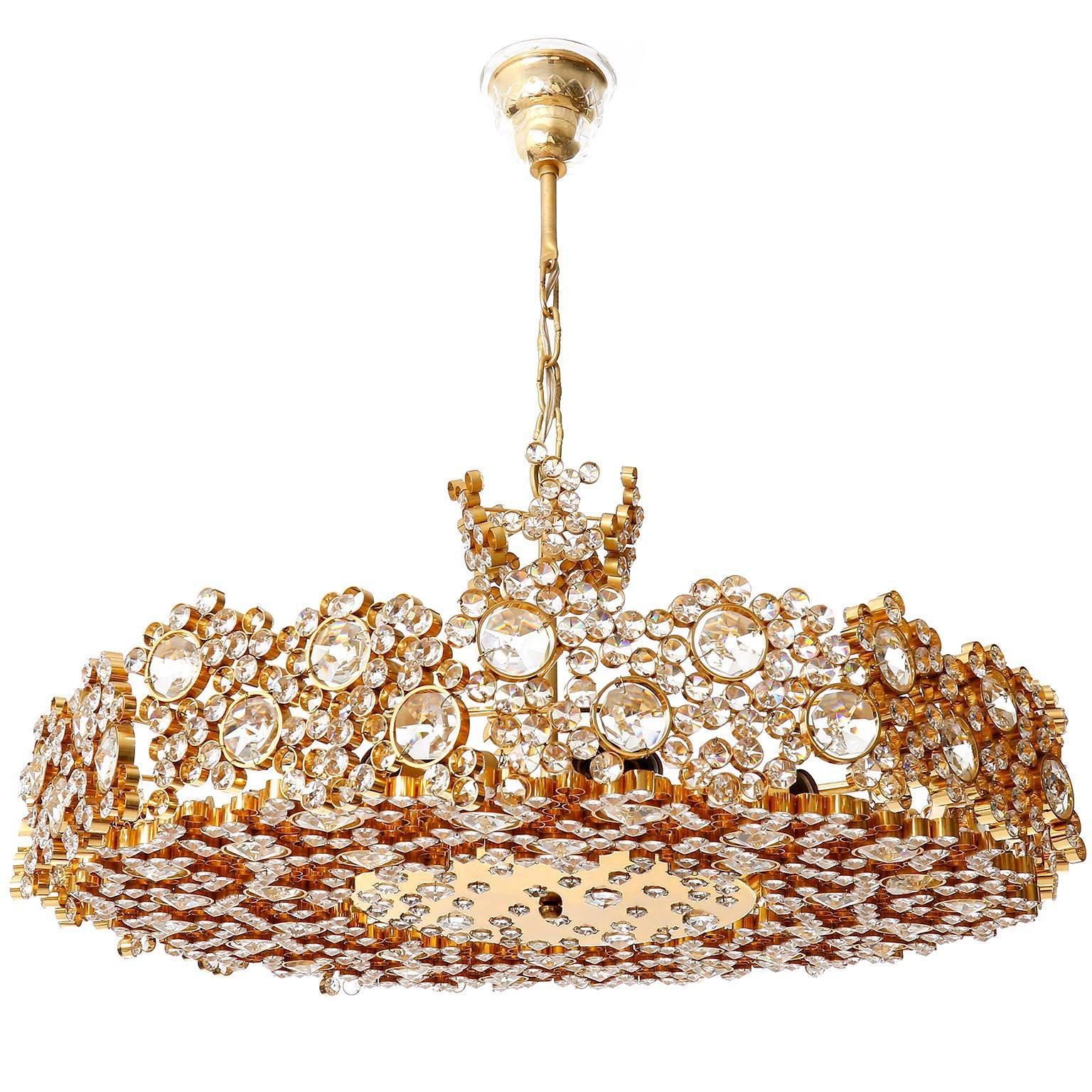 Palwa Chandelier or Pendant Light, Gilt Brass Crystal Glass, 1970