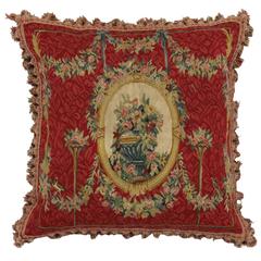 European Red Tapestry Pillow with French Passementerie and Antique Style