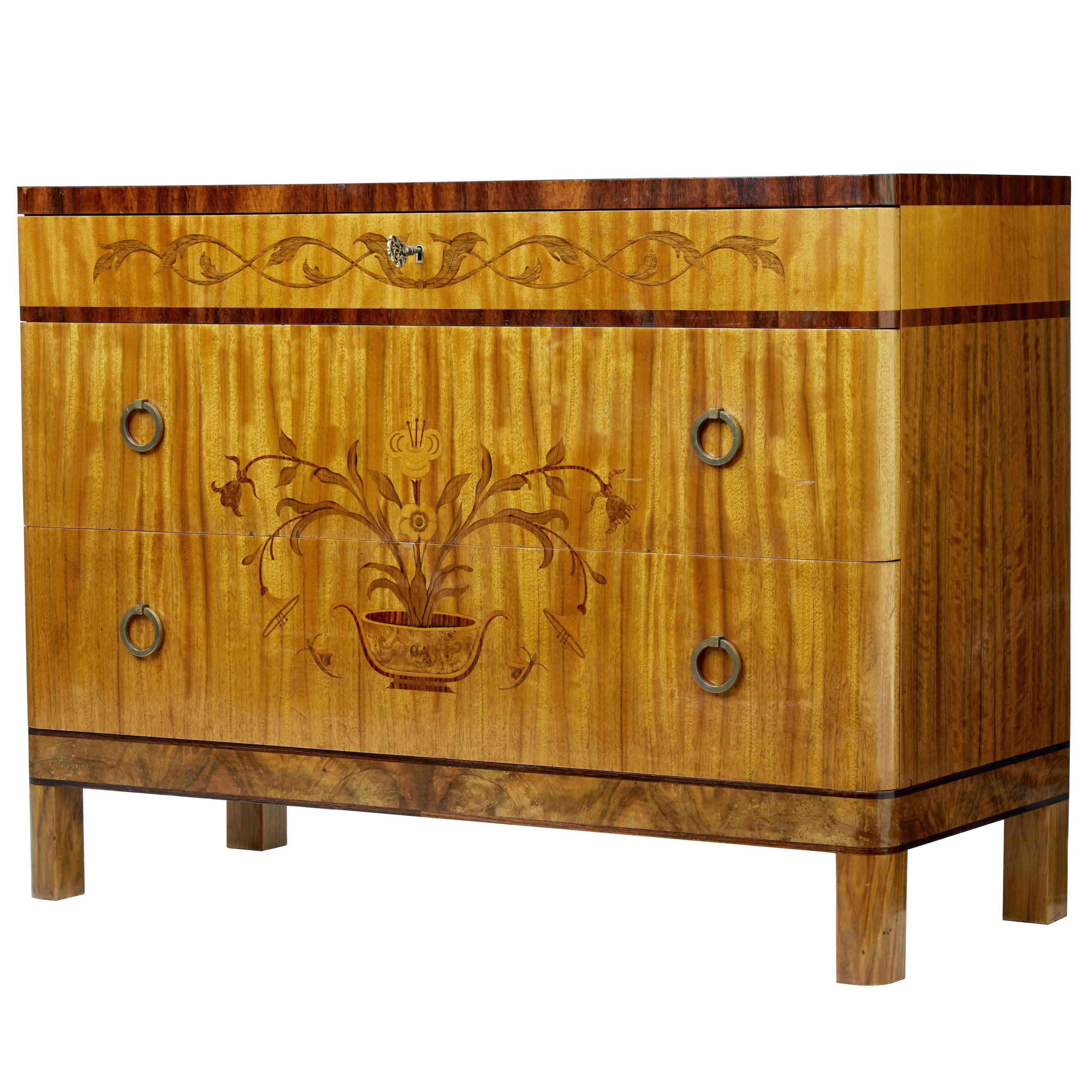 1930s Art Deco Birch and Walnut Inlaid Chest of Drawers