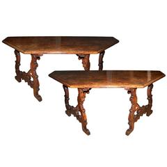 Antique Pair of 17th Century Tuscan Walnut Lyre-Legged Trestle Console Tables