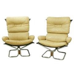 Pair of Extremely Comfortable Armchairs with Cream Leather Covers Designed